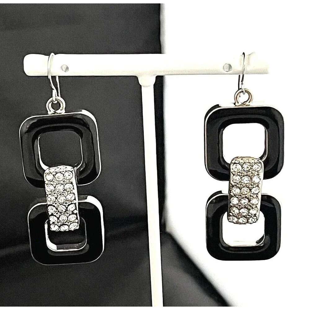 Vintage 1980s Black Enamel Crystal Earrings Dangle Silver Tone - 1H